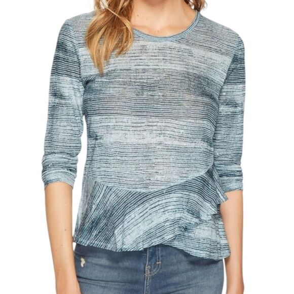 Lucky Brand 100% Linen Printed Ruffle Top Blue Multi Peplum Knit Tee Stripes LG - Picture 2 of 6
